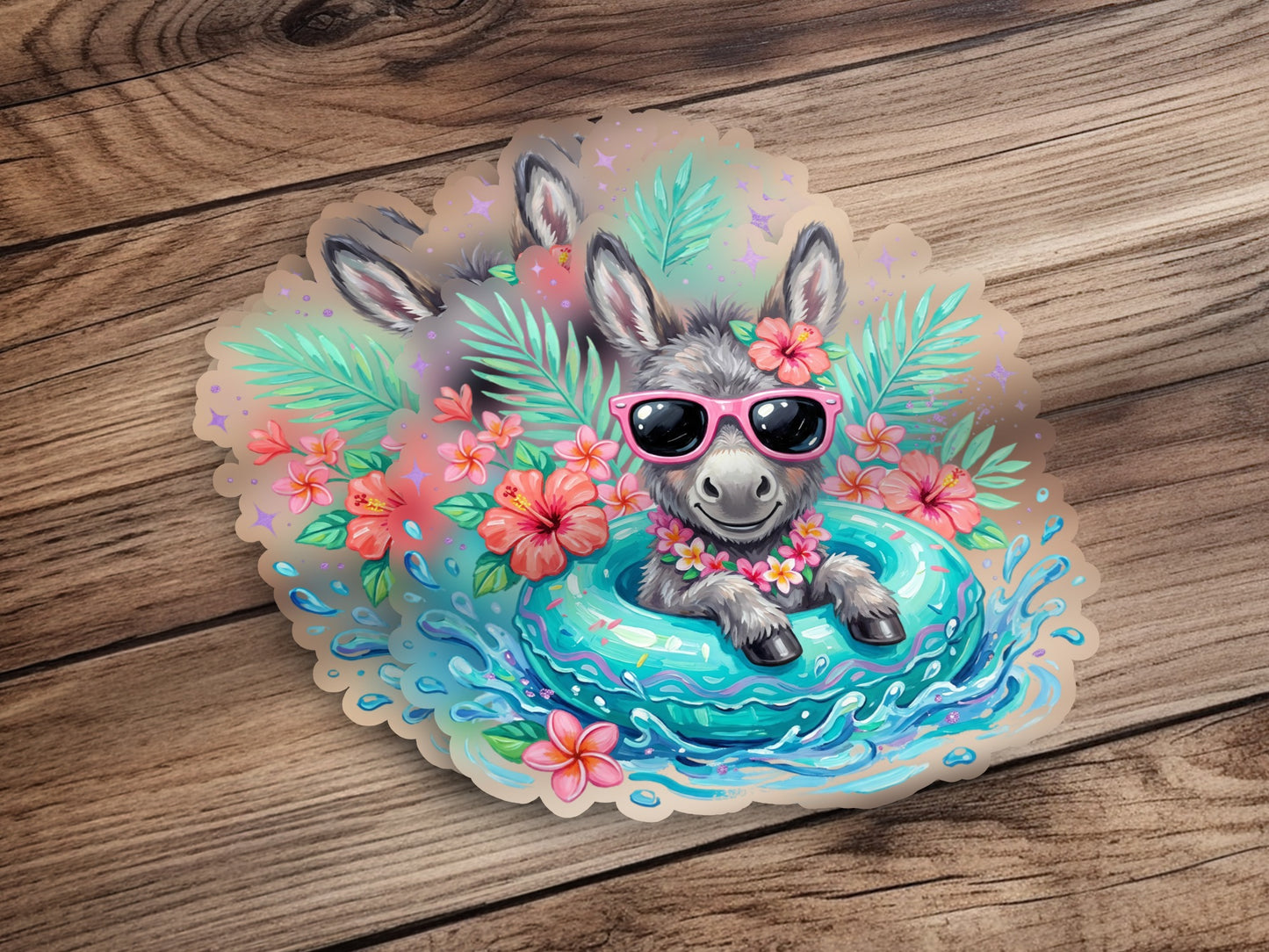 Cute donkey in sunglasses floats in a pool with flowers.