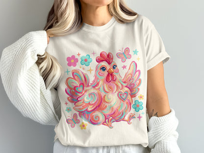 Colorful abstract chicken with butterflies and flowers on a cream t-shirt.