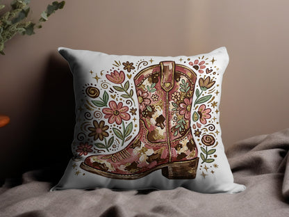 Cowboy boot illustration with floral accents on a throw pillow.