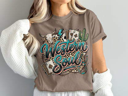 Brown t-shirt with "Western Soul" graphic featuring a bull skull, playing cards, and a cactus.