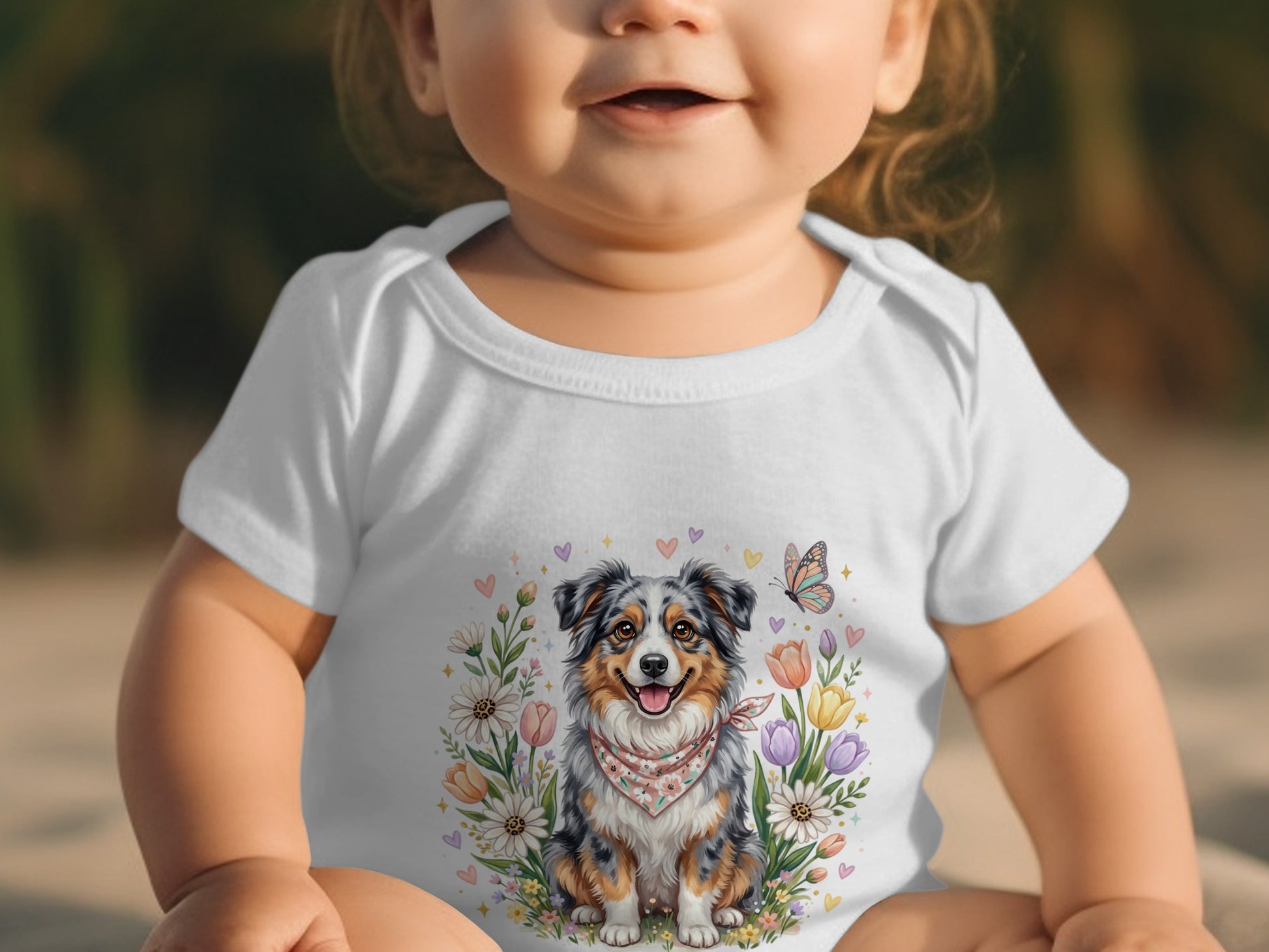 Baby wearing a white onesie with a dog and floral design.