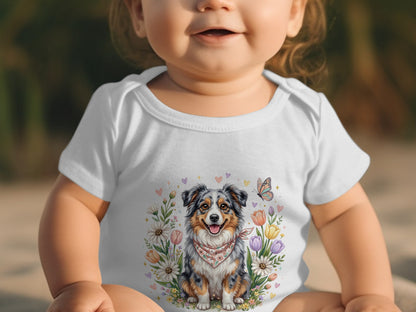 Baby wearing a white onesie with a dog and floral design.