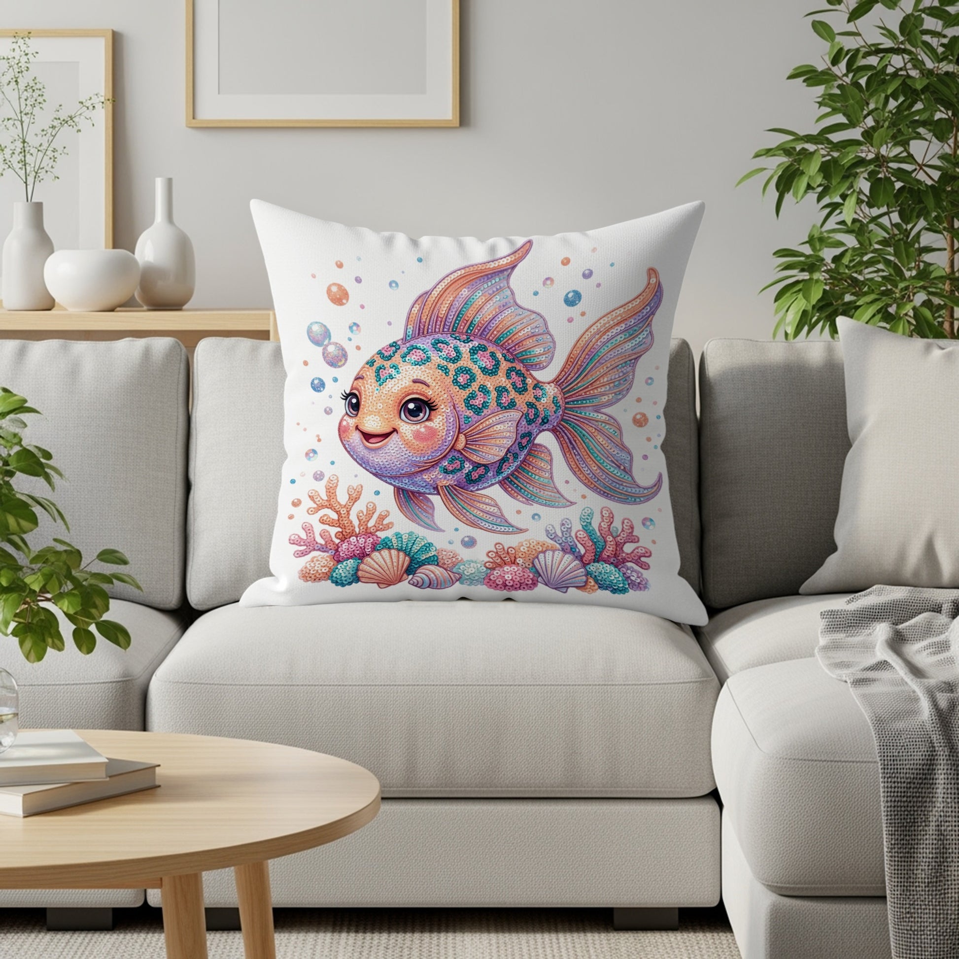 Whimsical goldfish on cushion with coral and bubbles.