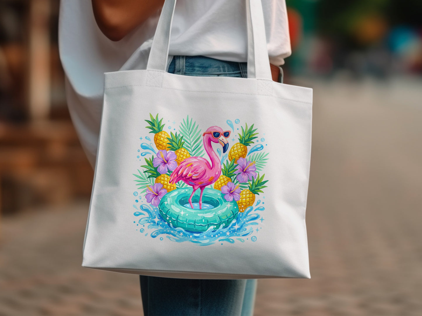 Pink flamingo with sunglasses on inner tube, surrounded by pineapples and flowers.
