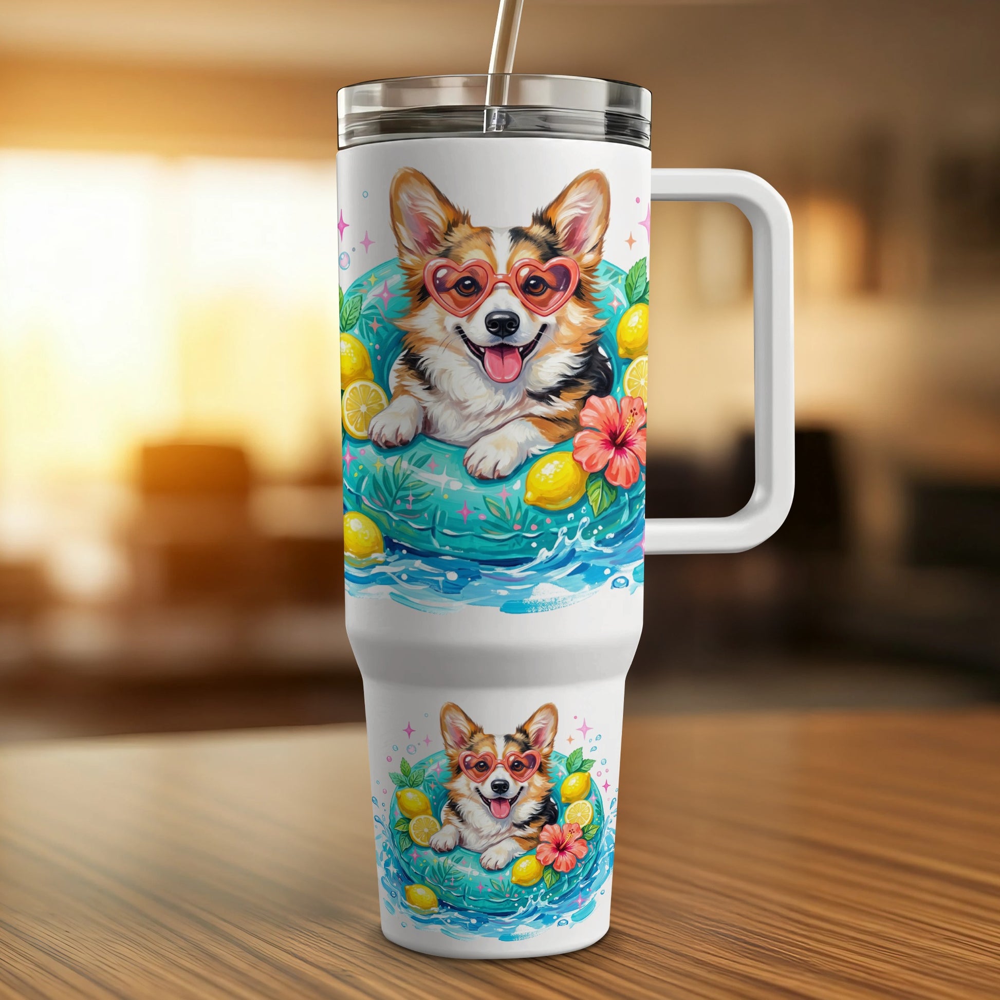 Corgi wearing heart sunglasses in a pool on a tumbler.