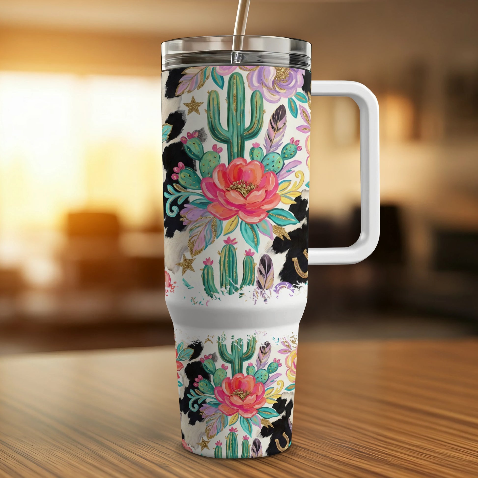 Tumbler with cactus, floral, and cow print design.