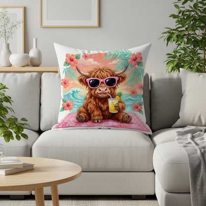Highland cow wearing sunglasses drinks a tropical beverage on a beach.