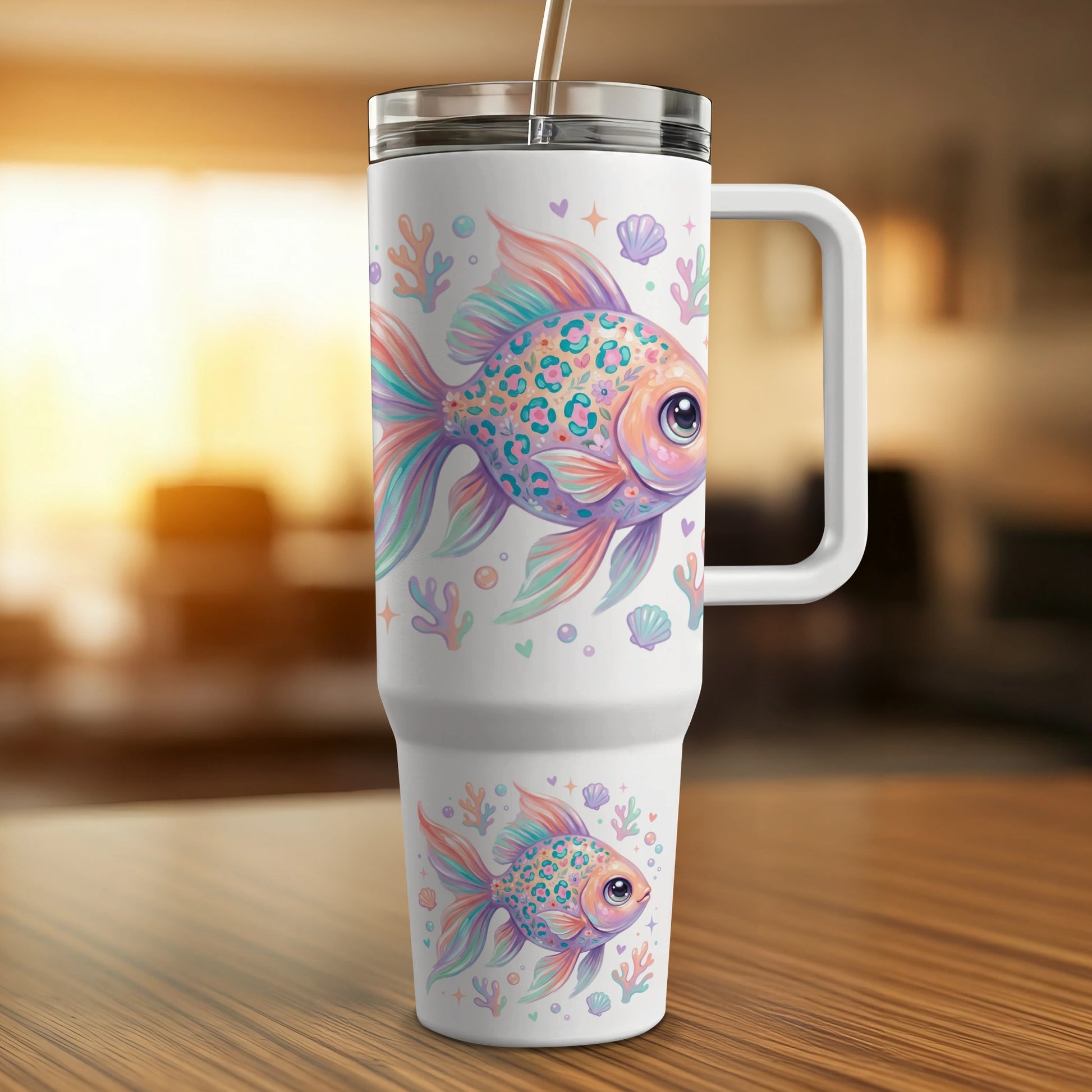 White tumbler with colorful fish and seashell pattern, featuring a handle and straw.