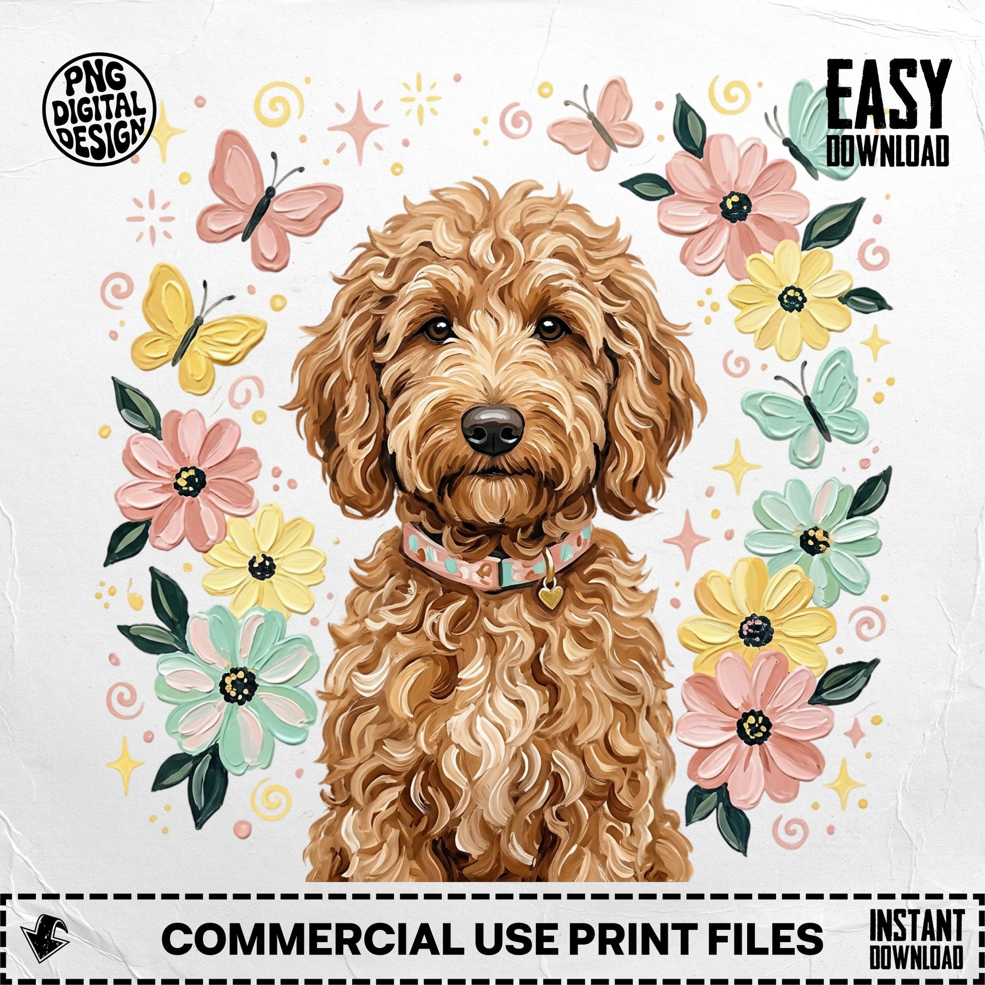 Goldendoodle dog surrounded by pastel flowers and butterflies.