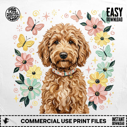 Goldendoodle dog surrounded by pastel flowers and butterflies.