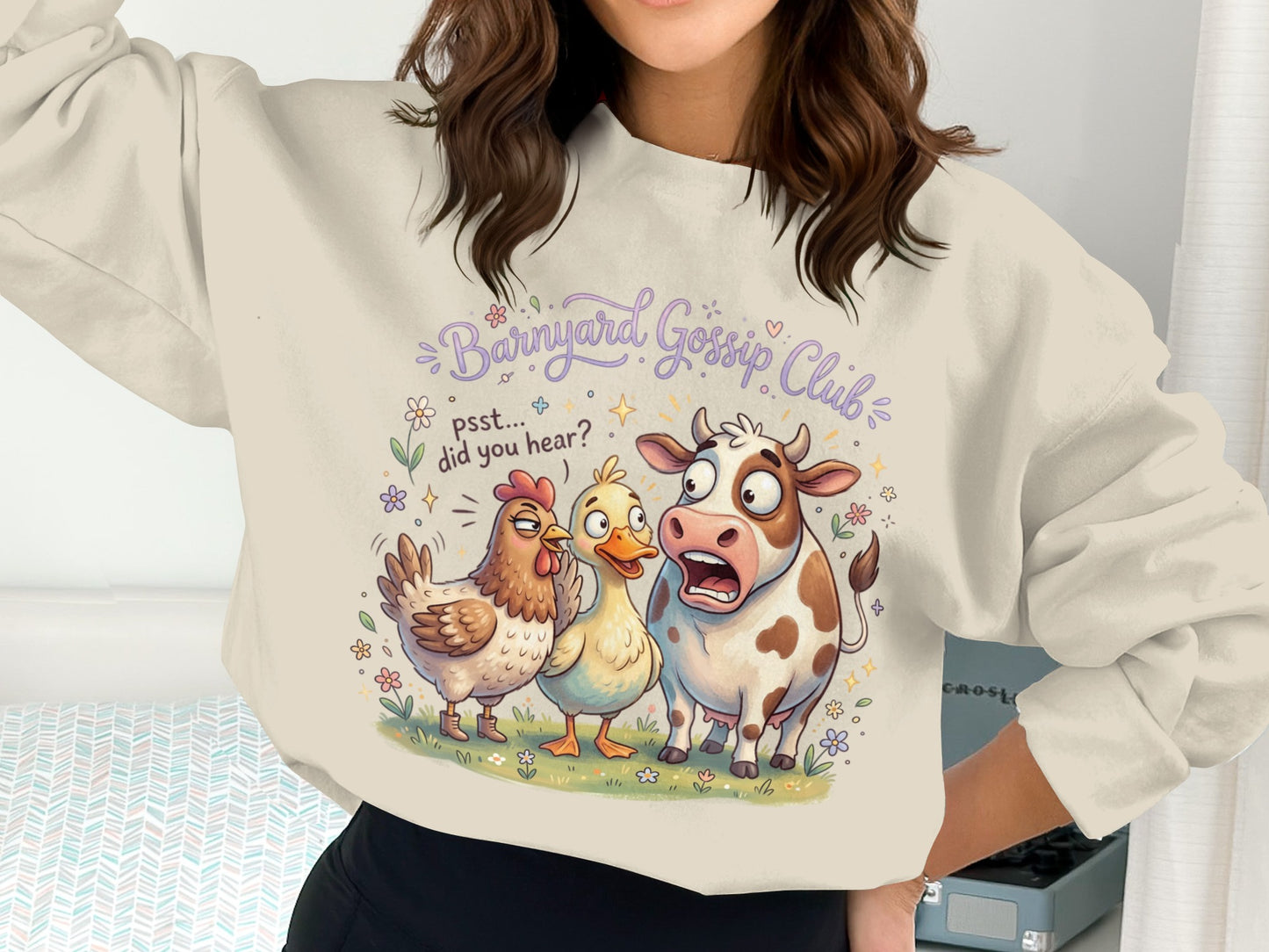 Barnyard Gossip Club chicken and cow illustration with text "psst... did you hear?".