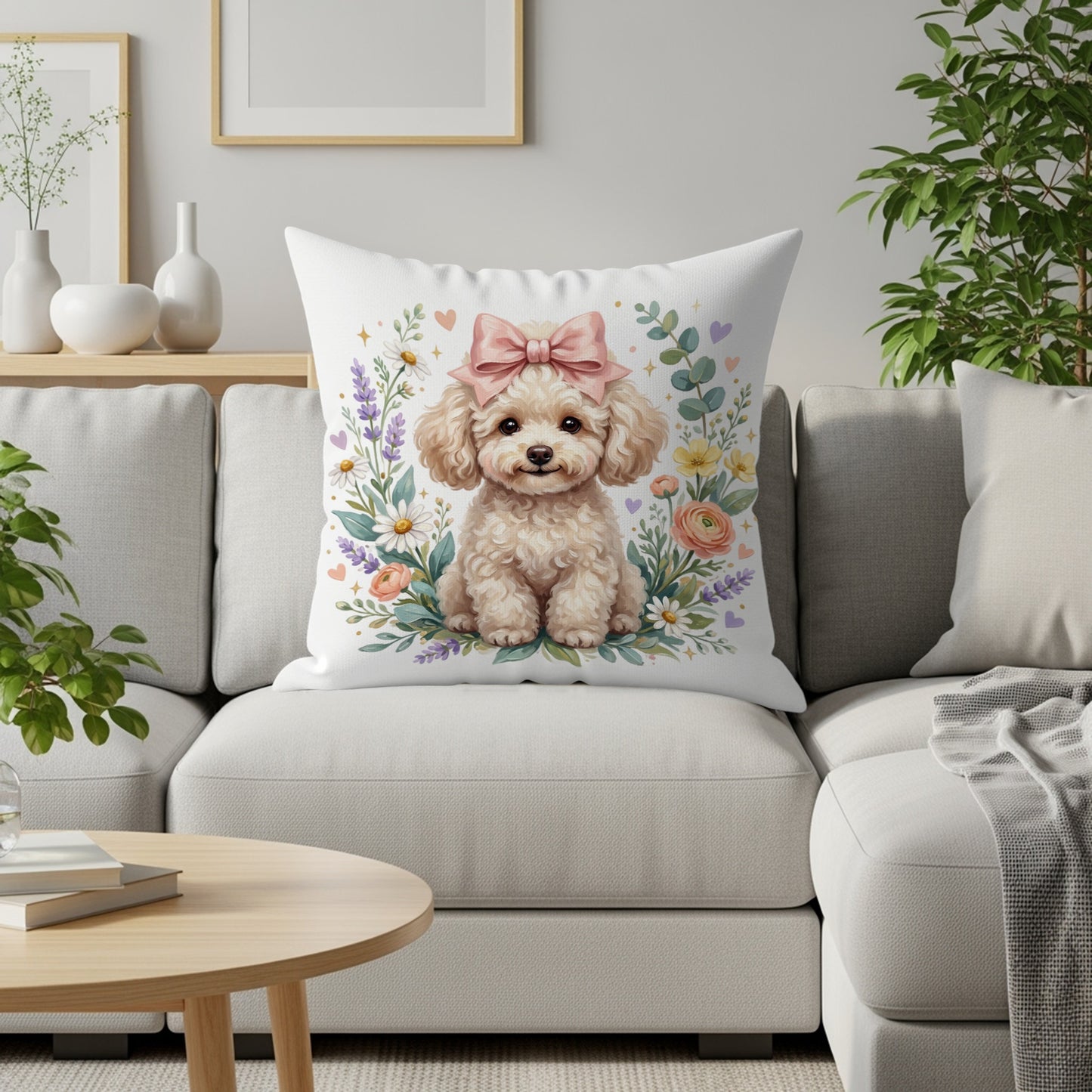 Fluffy white poodle puppy with pink bow sits amongst flowers on a pillow.