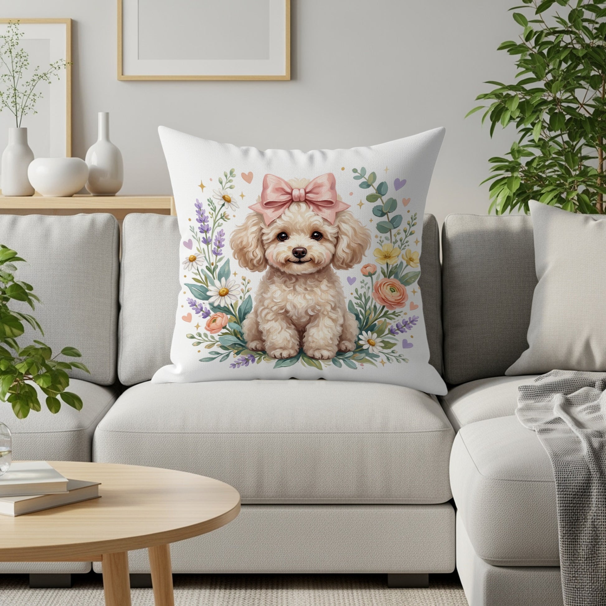 Fluffy white poodle puppy with pink bow sits amongst flowers on a pillow.
