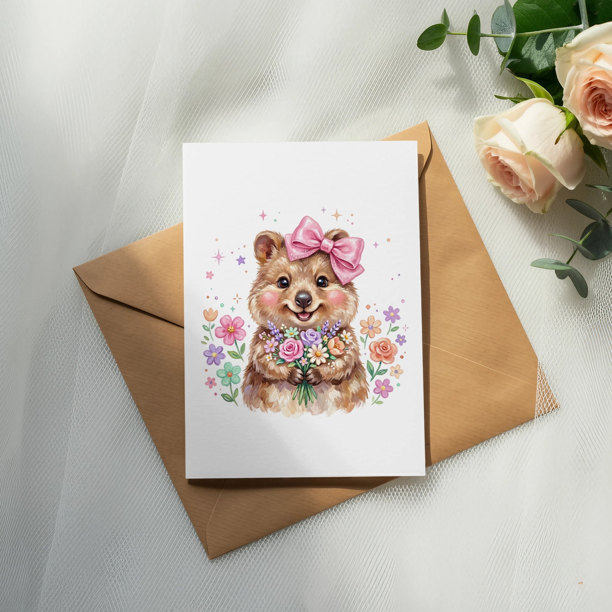 Quokka holding a bouquet of flowers wearing a pink bow.