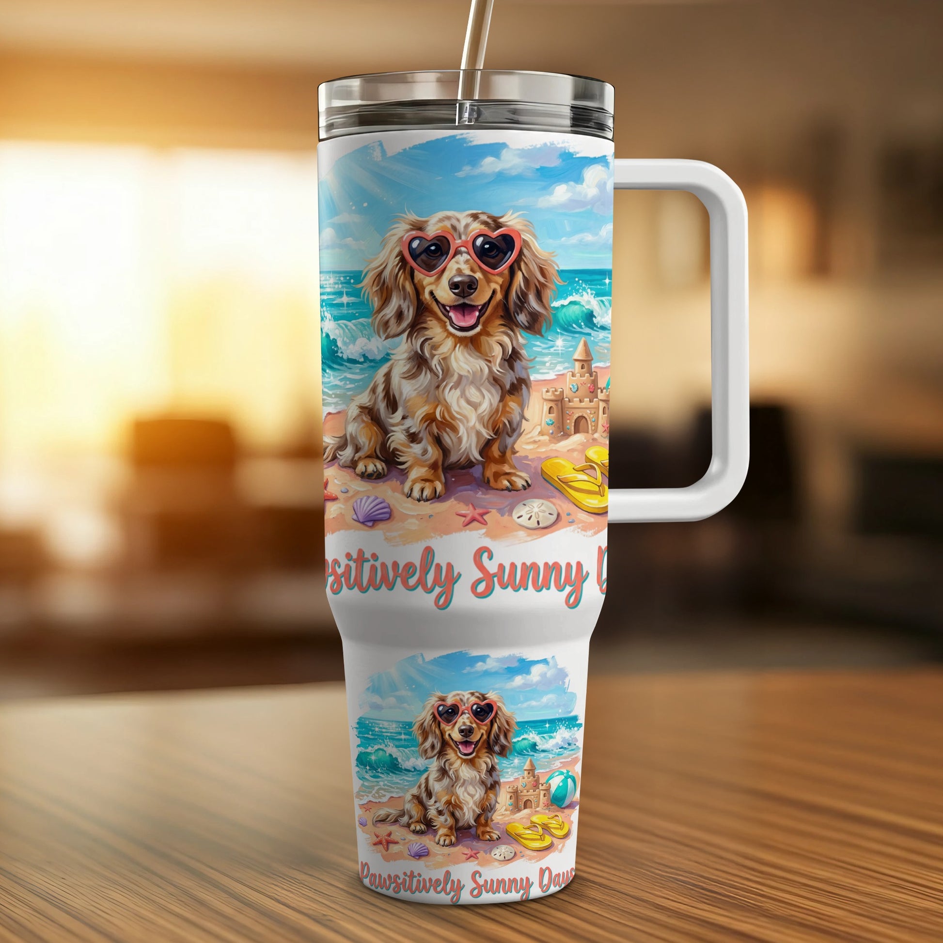 Dog wearing heart sunglasses on beach with "Positively Sunny Days" text.