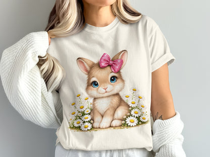 Cream t-shirt with a cute cartoon bunny wearing a pink bow, surrounded by daisies.