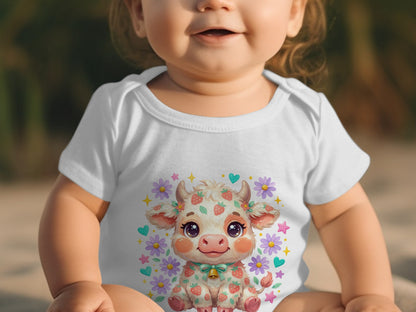 Baby wearing white onesie with strawberry cow and flower cartoon print.