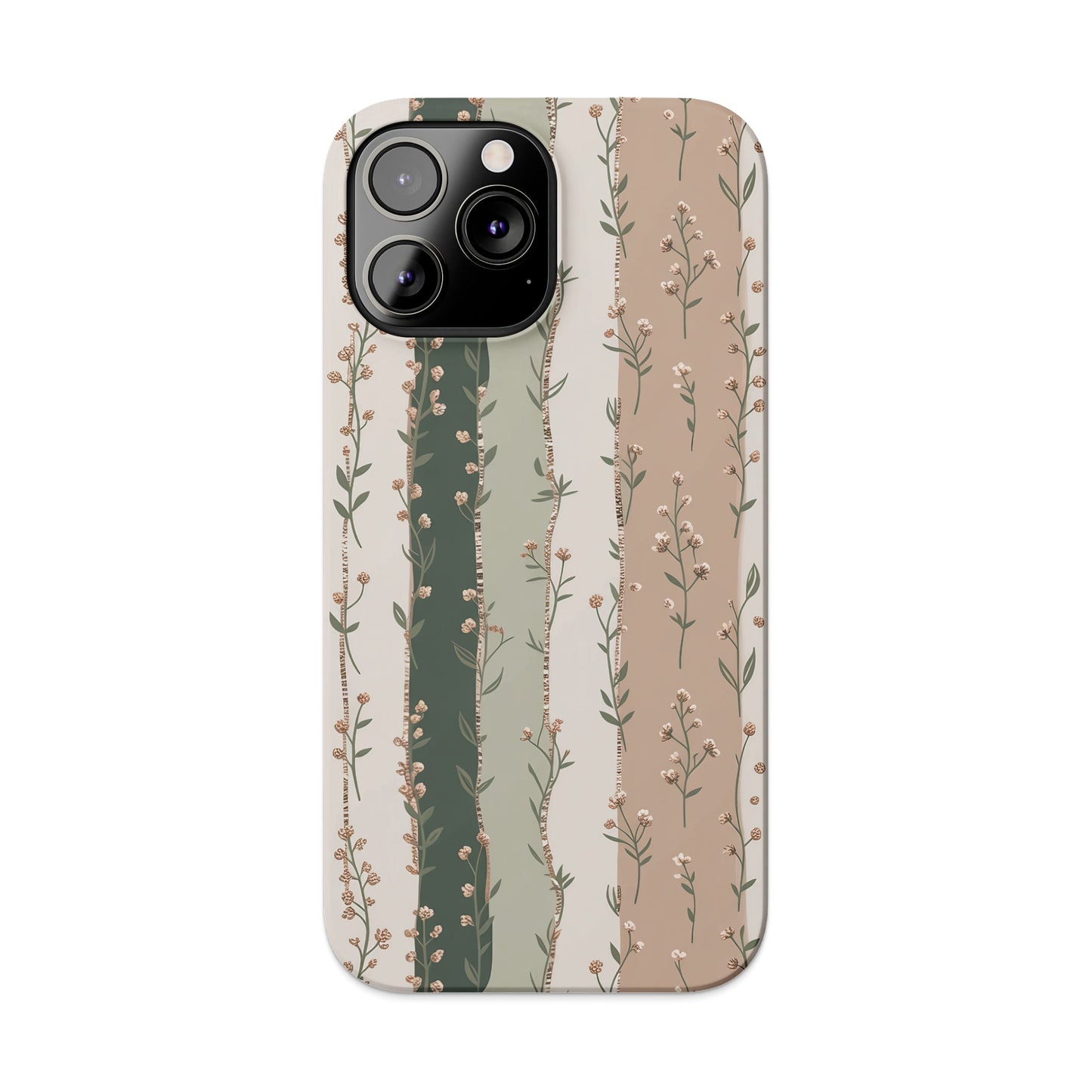 Phone case with a vertical stripe pattern of delicate floral vines.