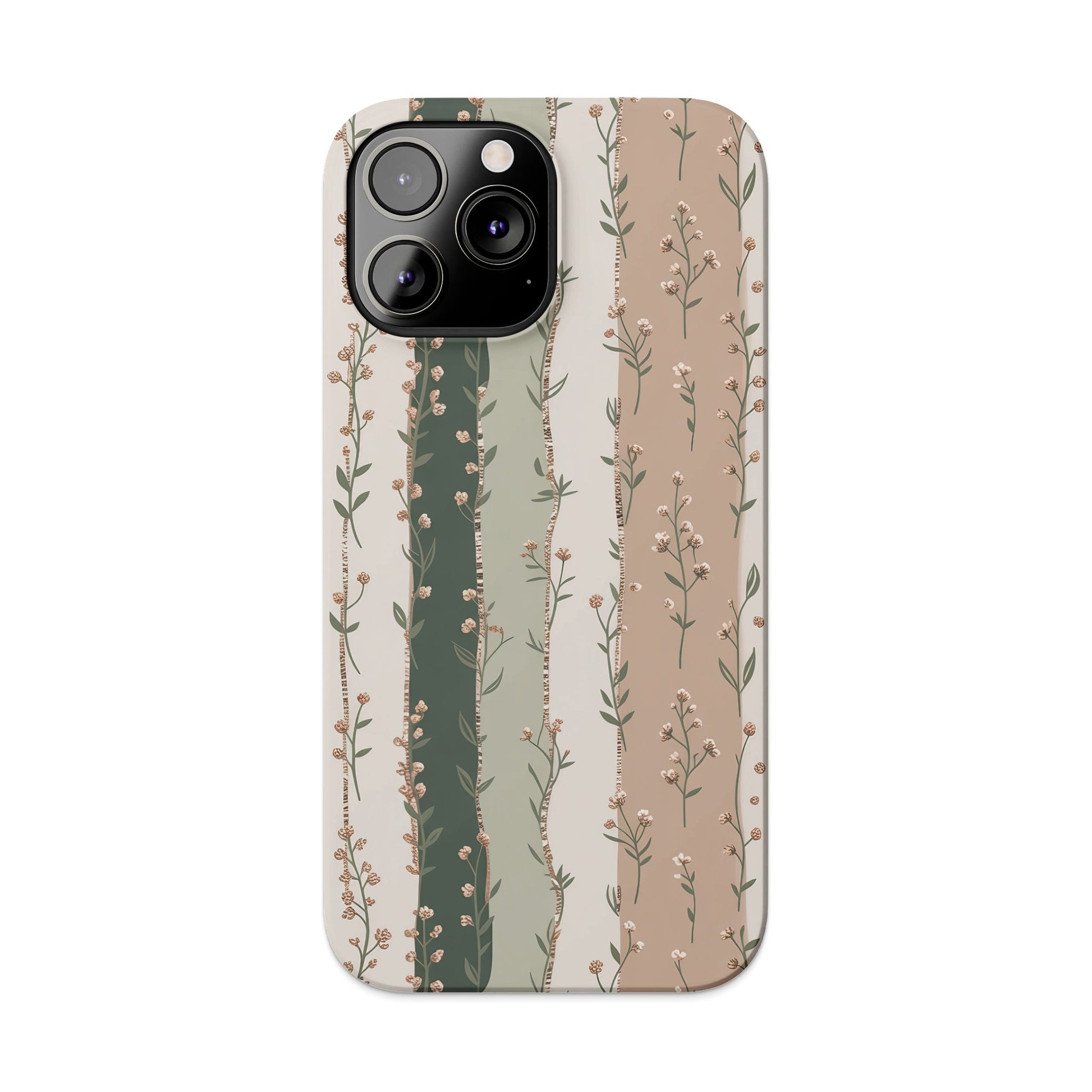 Phone case with a vertical stripe pattern of delicate floral vines.