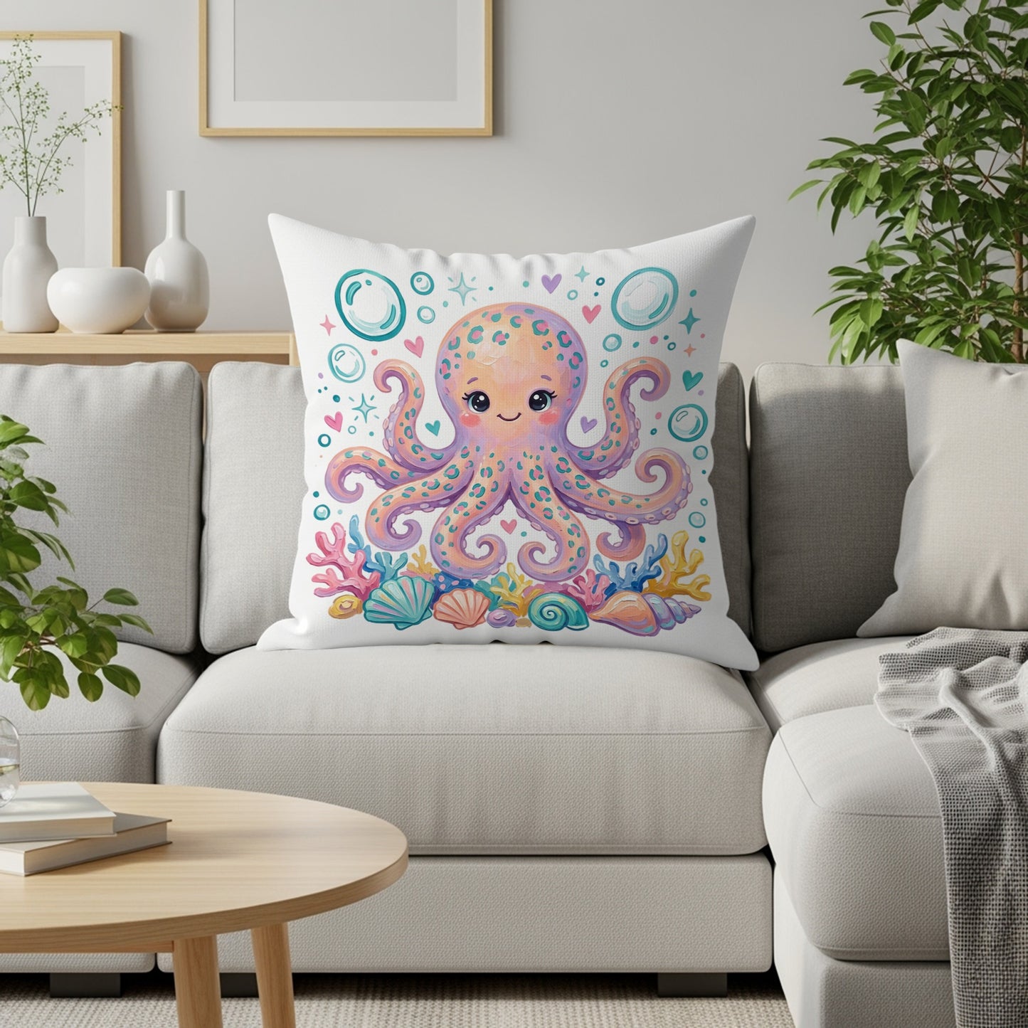 Decorative pillow featuring a cheerful pink octopus surrounded by seashells and bubbles.