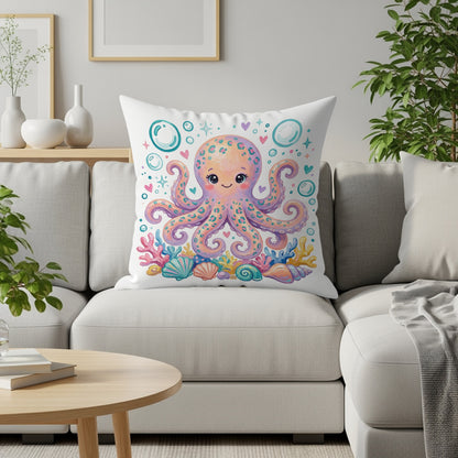 Decorative pillow featuring a cheerful pink octopus surrounded by seashells and bubbles.
