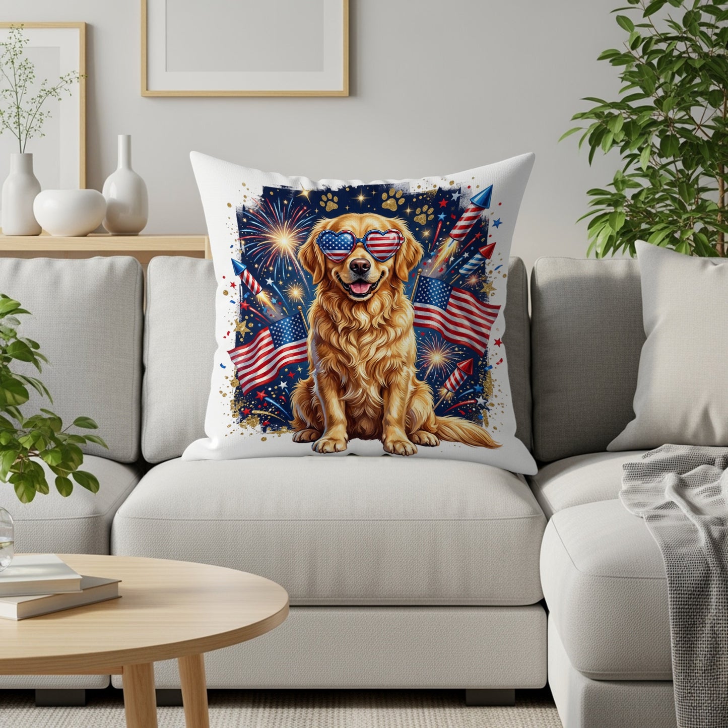 Golden retriever wearing American flag sunglasses with fireworks on a pillow.