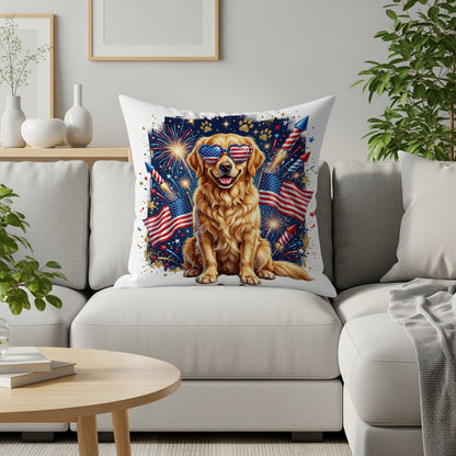 Golden retriever wearing American flag sunglasses with fireworks on a pillow.