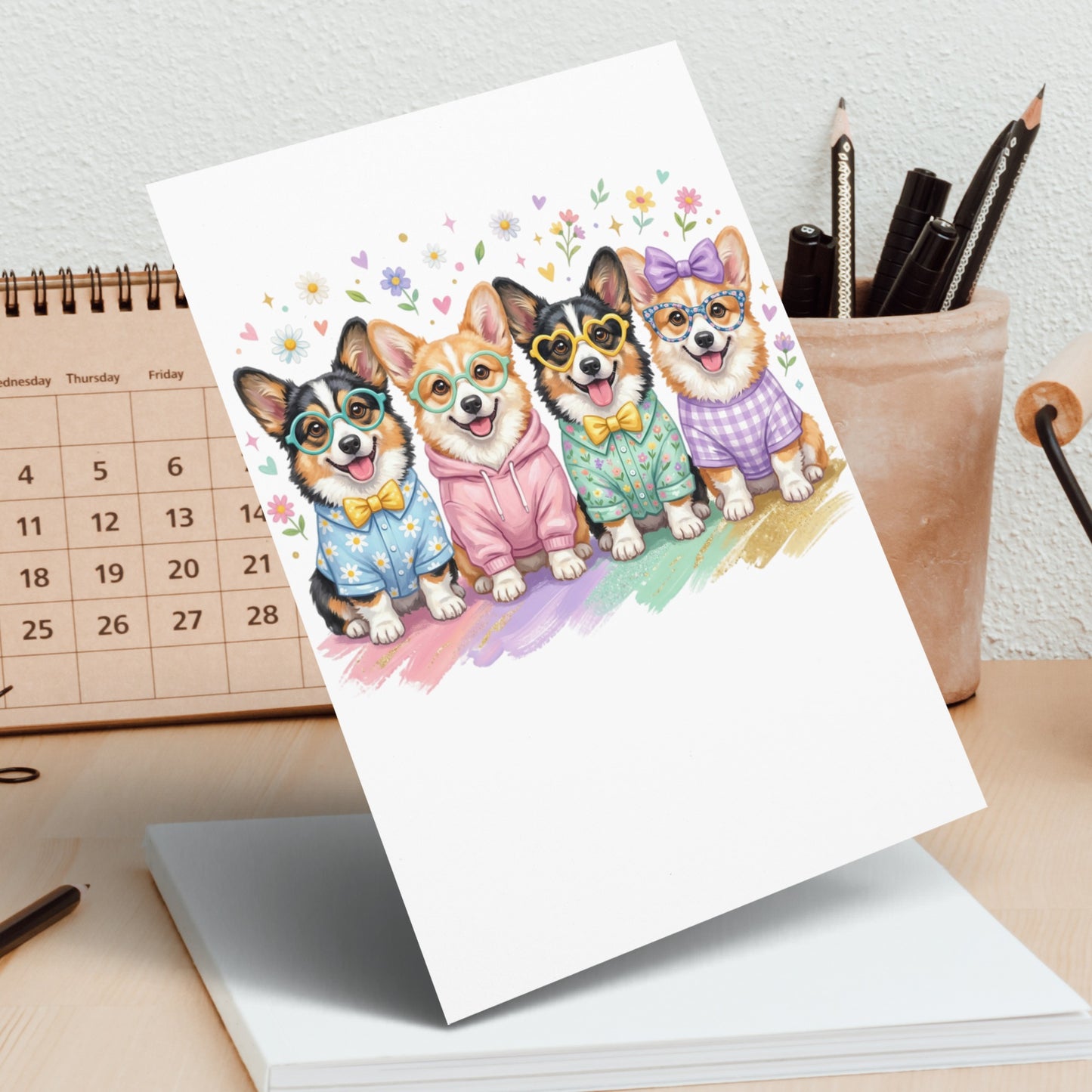 Four corgis wearing glasses and sweaters on a colorful, artistic background.