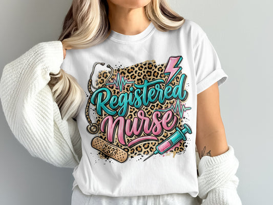 Registered Nurse design with stethoscope, syringe, and leopard print heart.