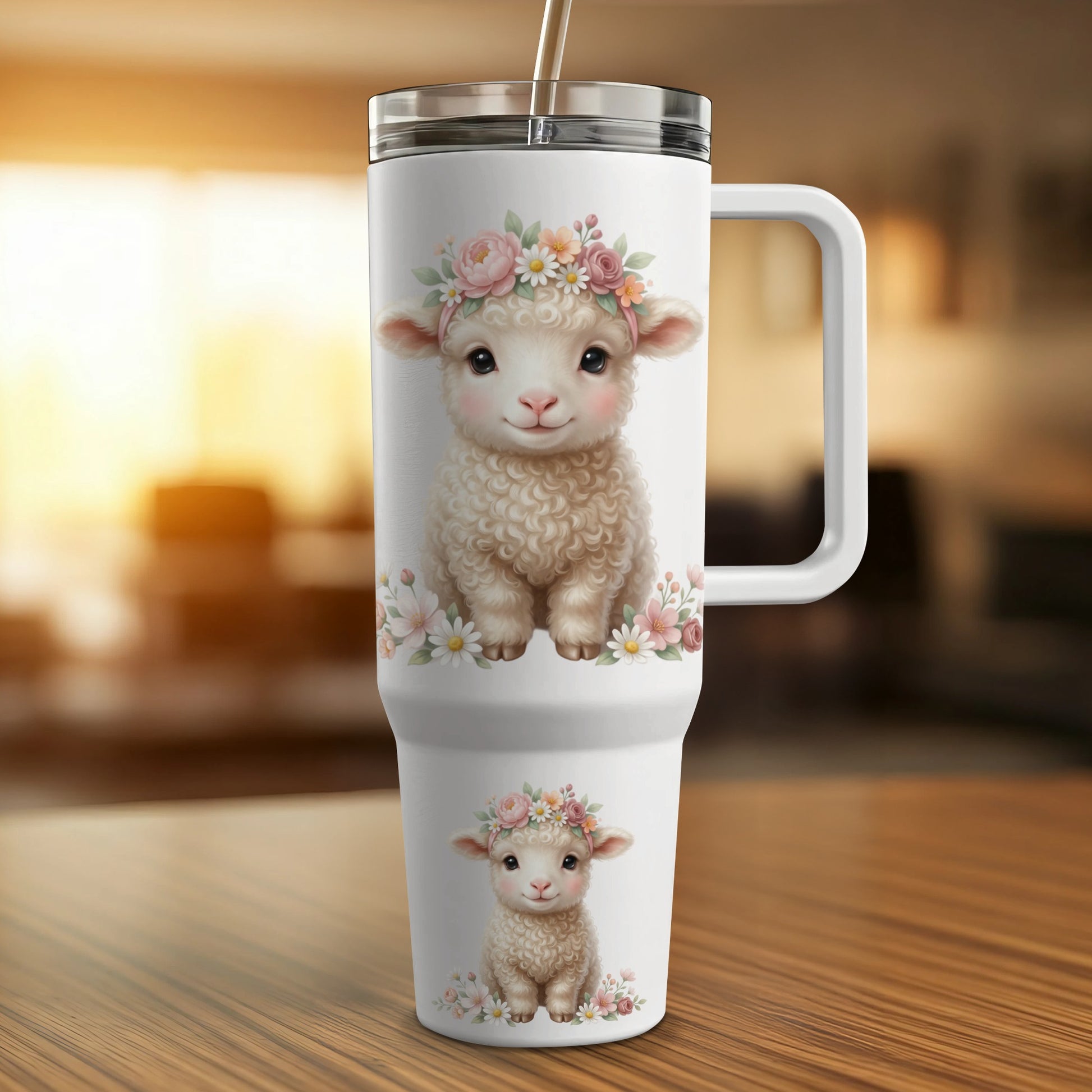 White tumbler with a cute lamb and floral wreath design.