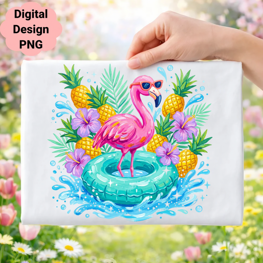 Pink flamingo in inflatable ring surrounded by pineapples and flowers.