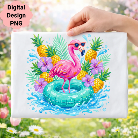 Pink flamingo in inflatable ring surrounded by pineapples and flowers.