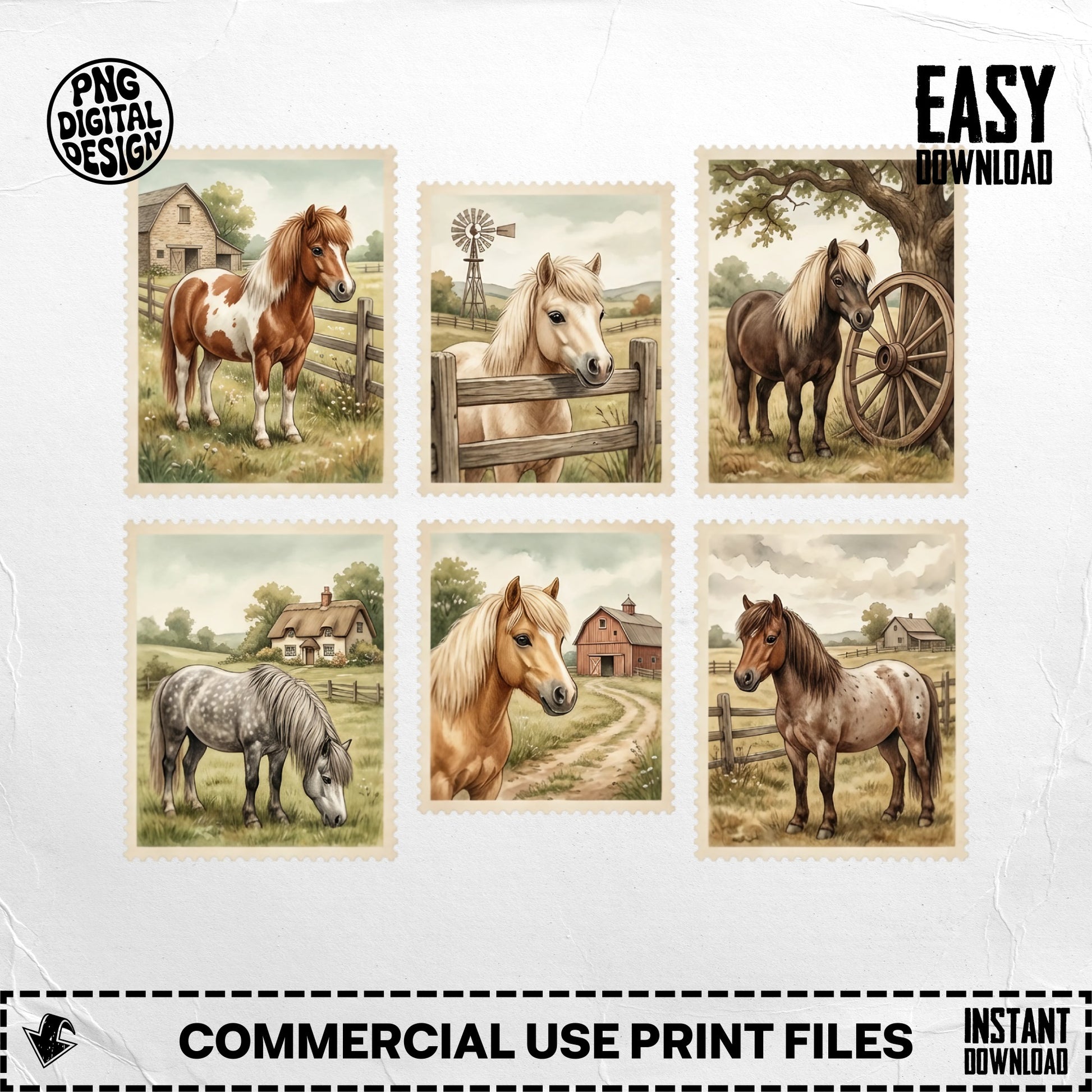 Six postage stamps featuring horses in pastoral scenes.