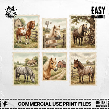 Six postage stamps featuring horses in pastoral scenes.