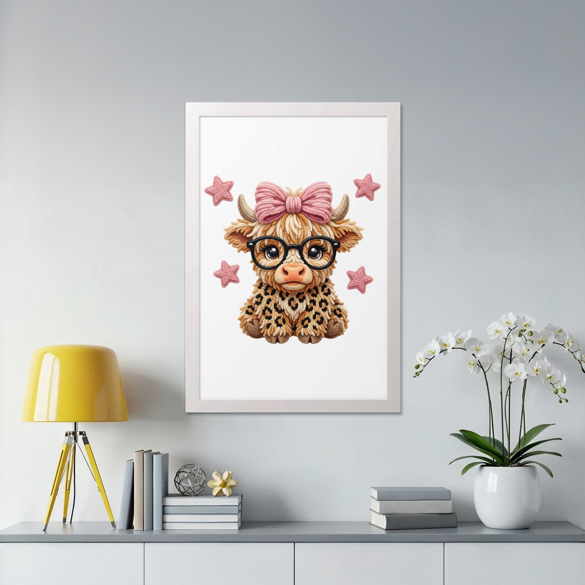 Cute Highland cow with pink bow and glasses, surrounded by stars.