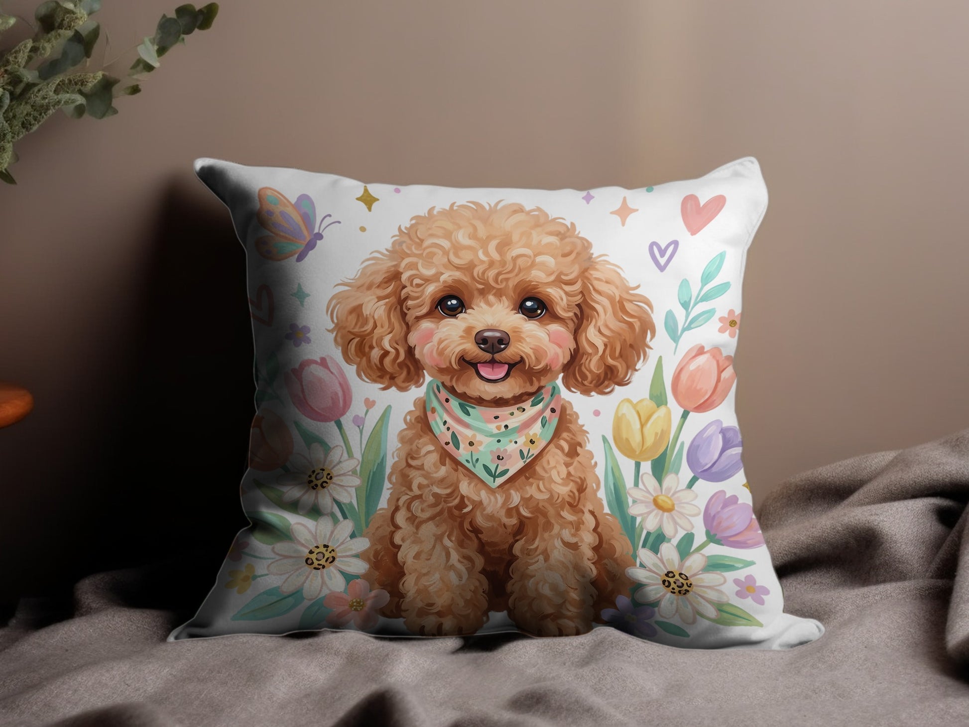 Pillow with cute poodle dog wearing bandana, surrounded by flowers and hearts.