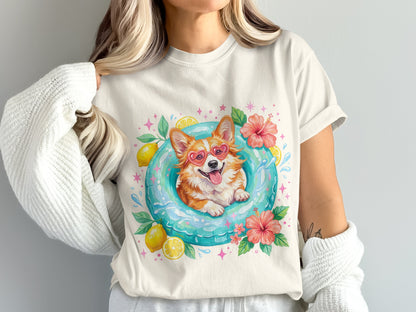 Corgi wearing heart sunglasses in inflatable ring with lemons and flowers.