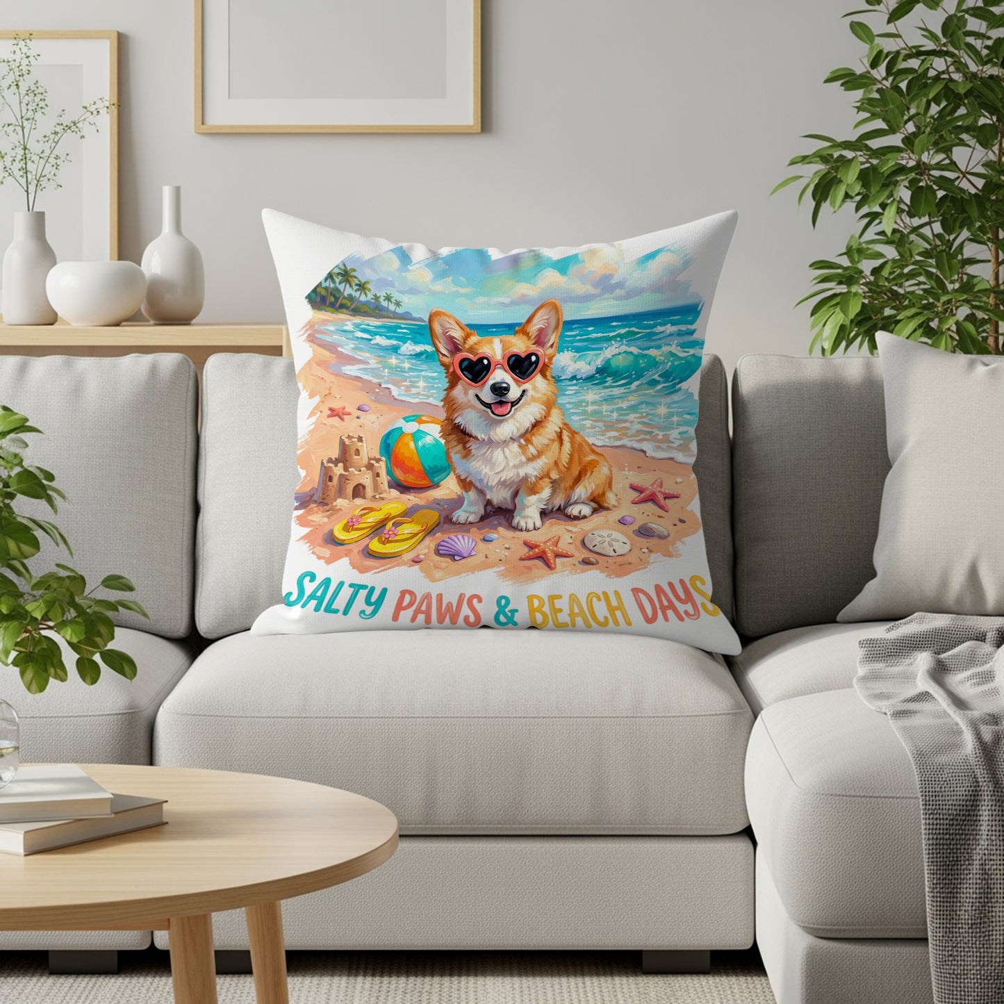 Corgi wearing heart sunglasses on a beach cushion with "Salty Paws & Beach Days" text.