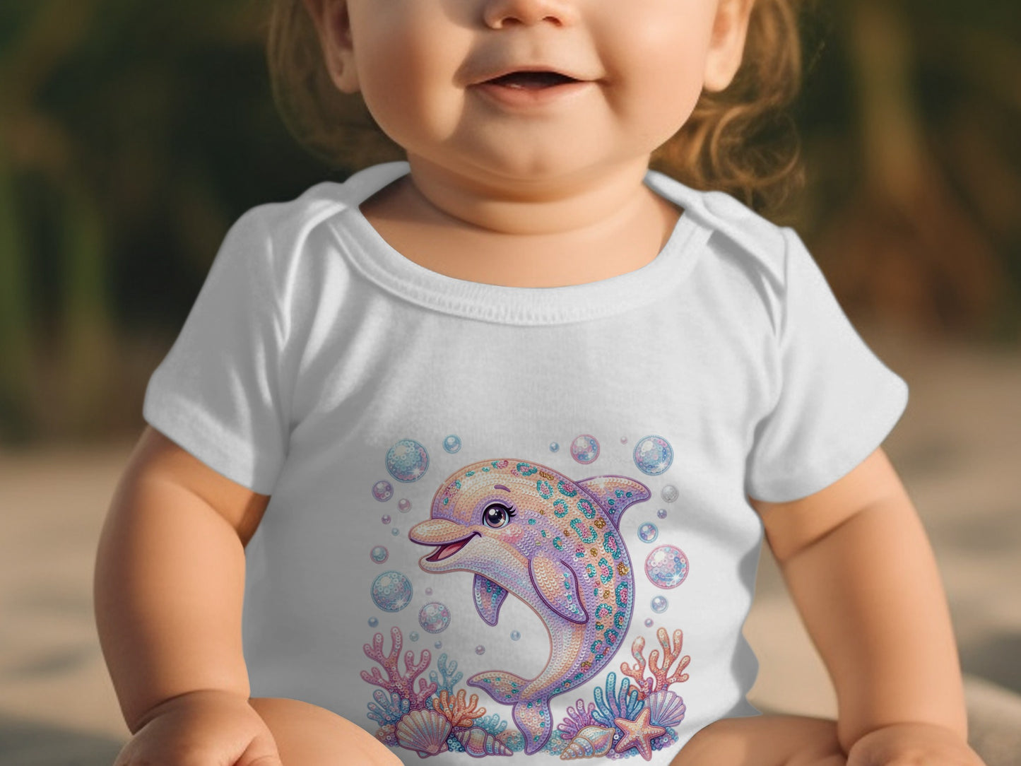 Baby in white onesie with a sparkly dolphin and seashell graphic.