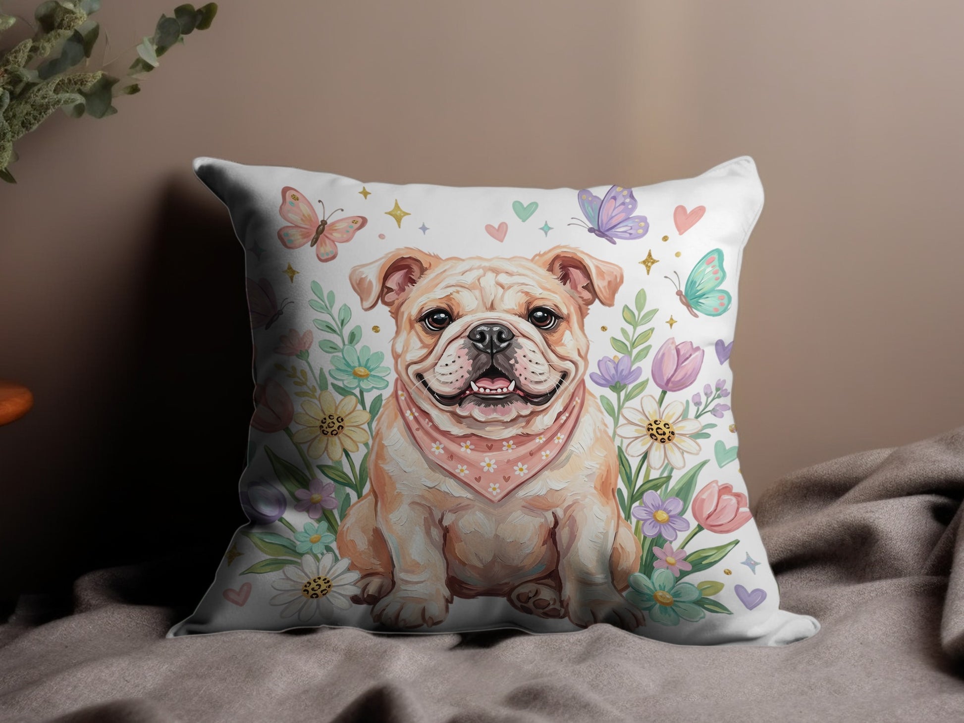 English Bulldog wearing bandana surrounded by flowers and butterflies.