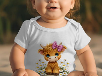 Baby in white bodysuit with cartoon cow and daisies.