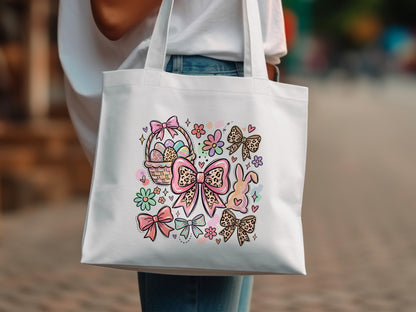 Easter-themed tote bag with bunnies, bows, eggs, and a basket.