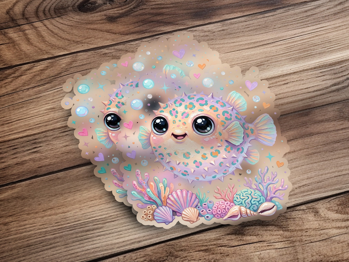 Two cute pufferfish with hearts and seashells on a wooden background.