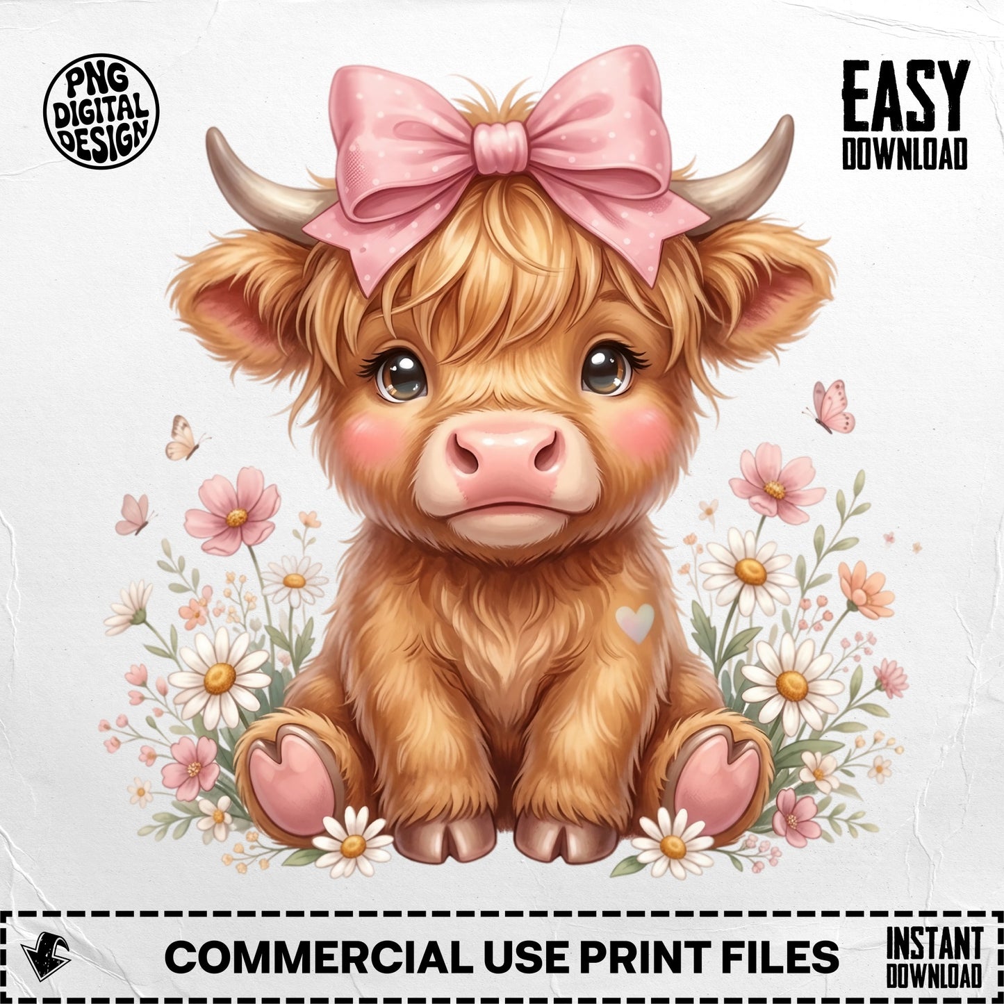 Cute Highland cow with pink bow and flowers, easy download.