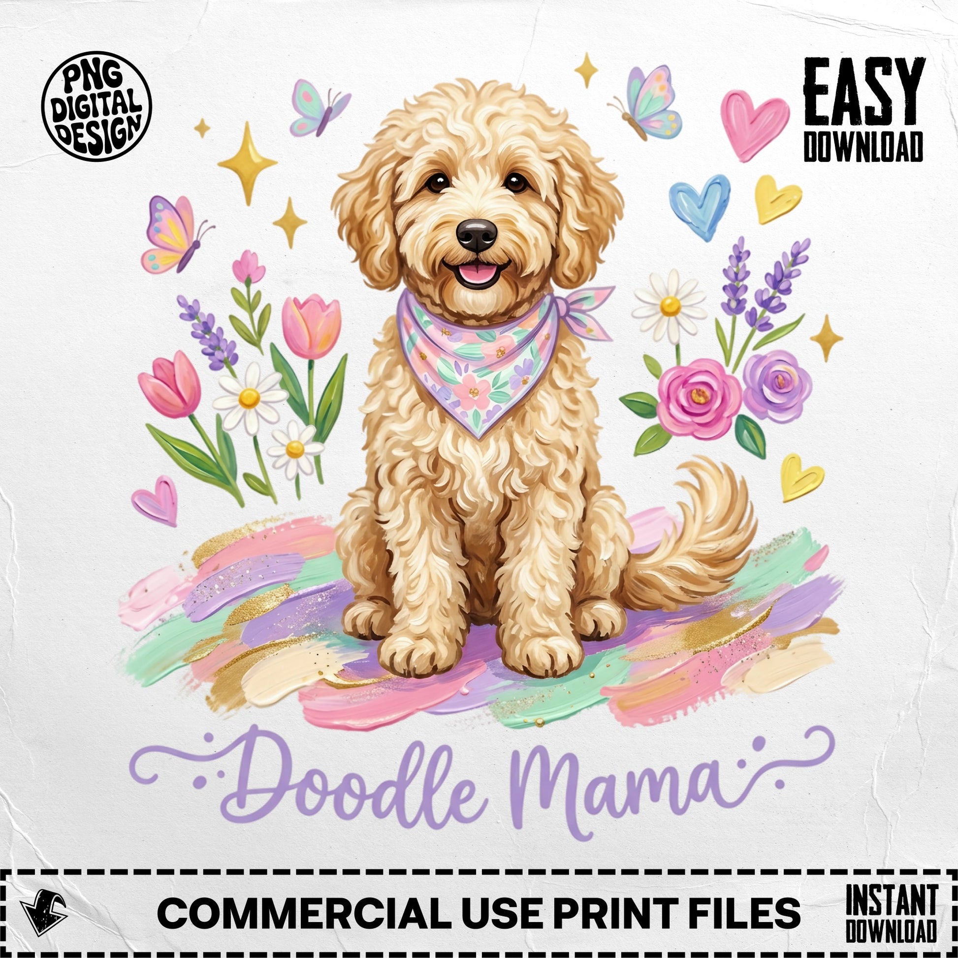 Goldendoodle dog wearing a bandana surrounded by flowers and butterflies.