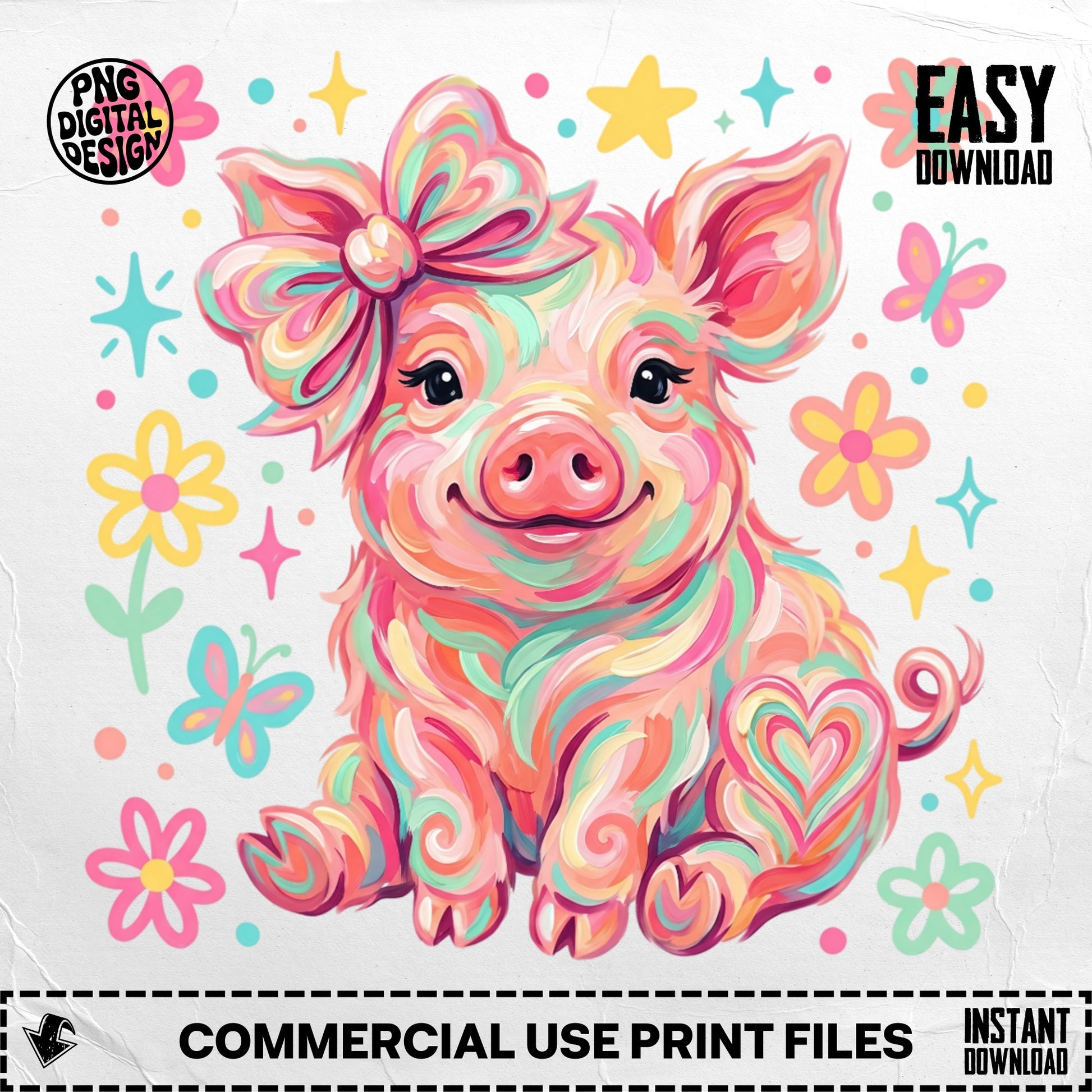 Cute pastel pig with colorful swirls, bow, and butterflies.