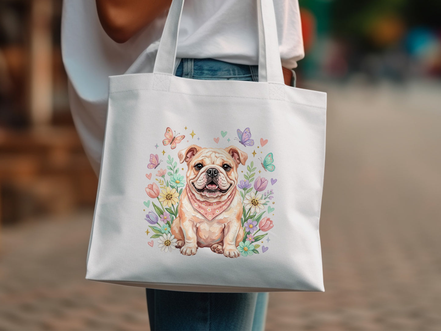 White tote bag with a smiling bulldog surrounded by flowers and butterflies.
