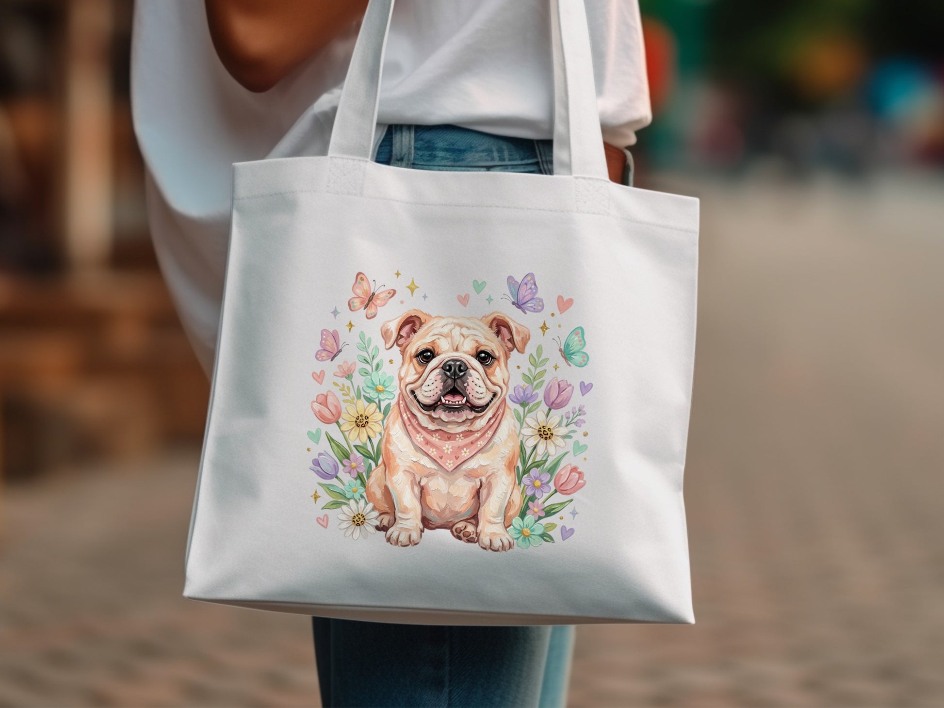 White tote bag with a smiling bulldog surrounded by flowers and butterflies.