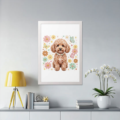Framed illustration of a brown poodle surrounded by colorful flowers and butterflies.