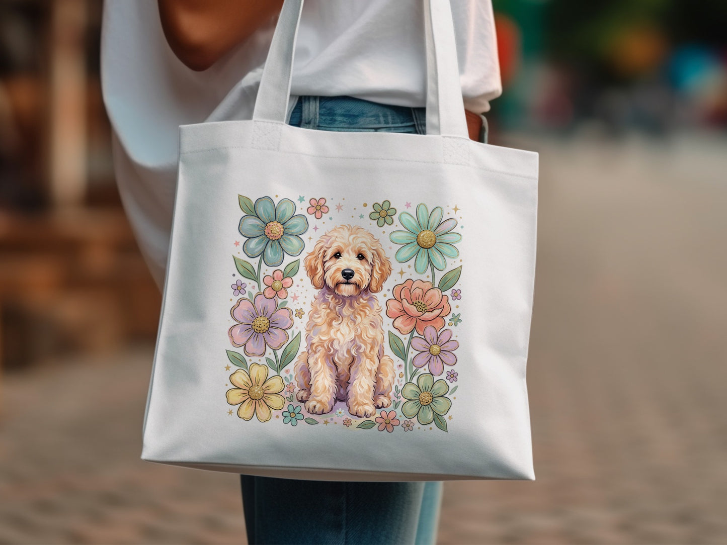 White tote bag with a doodle dog surrounded by pastel flowers.